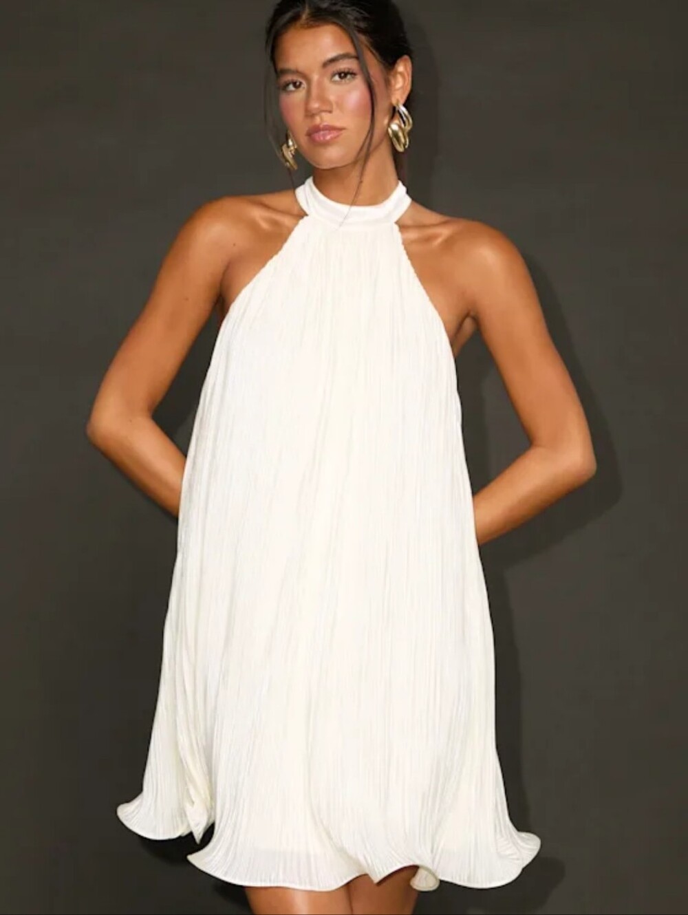 Vaivah Ivory Satin Plisse Mock Neck Swing Mini Dress
